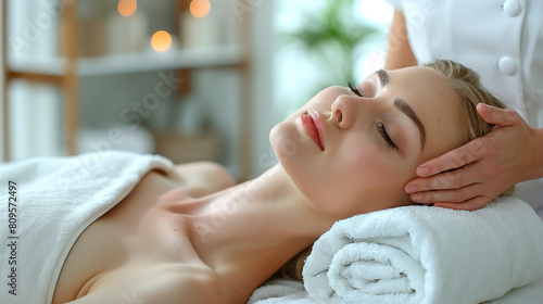 Young woman relaxing during spa massage treatment and lying on a spa bed.