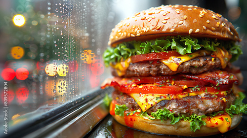 Close up delicious big hamburgers beside window