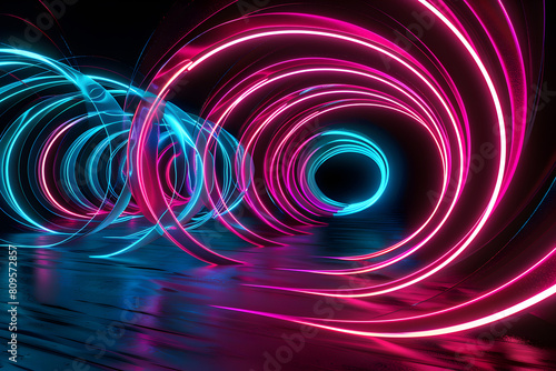 Hypnotic neon swirls creating futuristic visual masterpiece. Abstract art on black background.
