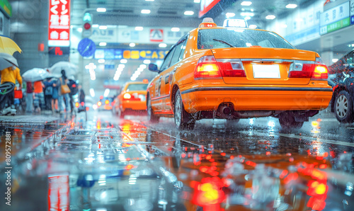Rainy Night in the City with Orange Taxis.