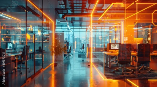 An office environment modern neon cyberpunk open plan corporate office. With CGI overlay which shows that AI Improve communication and efficiency in the workplace