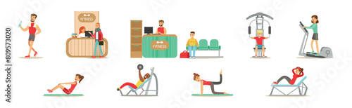 Fitness and Gym with People Character Do Workout Exercise Vector Set