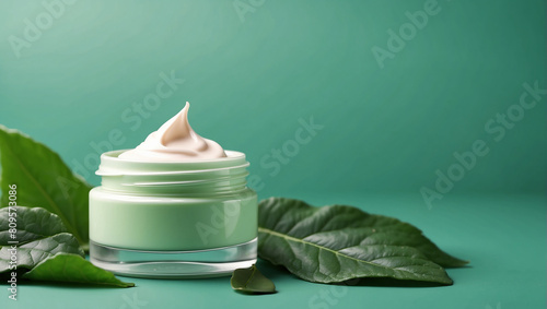 A small green glass jar of face cream sits on a bed of green leaves against a blurred background of the same leaves.  
