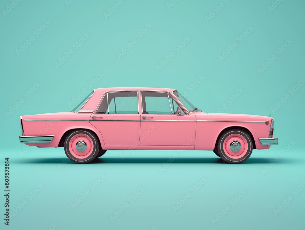 Classic retro automobile in stylish pastel pink against a contrasting turquoise backdrop, symbolizing nostalgia and design aesthetics.