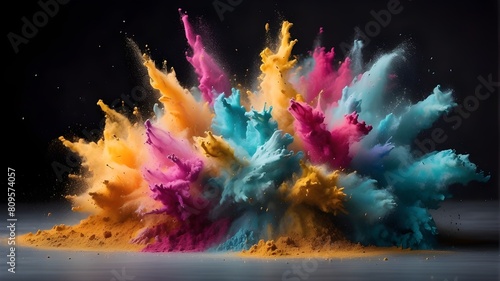 Abstract spray of colored dust powder, explosion splash of color powder with freeze isolated on background
