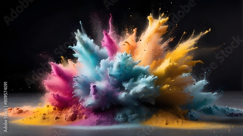 Abstract spray of colored dust powder  explosion splash of color powder with freeze isolated on background