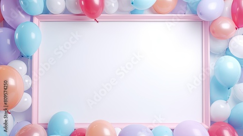 Festive background, empty mockup frame surrounded by multi-colored balloons. Template for image, text, greetings
