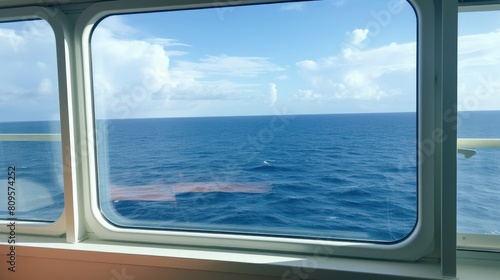 View from the ship's window of the bright blue sea and sky. photo