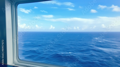 View from the ship's window of the bright blue sea and sky. photo