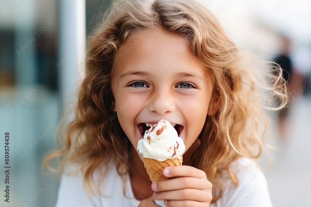 Close-up portrait of a little girl eating ice cream in a waffle cone and laughing merrily. The ice cream has stained the happy face of the child.