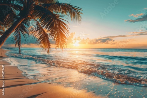 Perfect beach sunset. Beautiful tropical beach scene for background or wallpaper. Summer vacation holiday concept design and copy space with generative ai