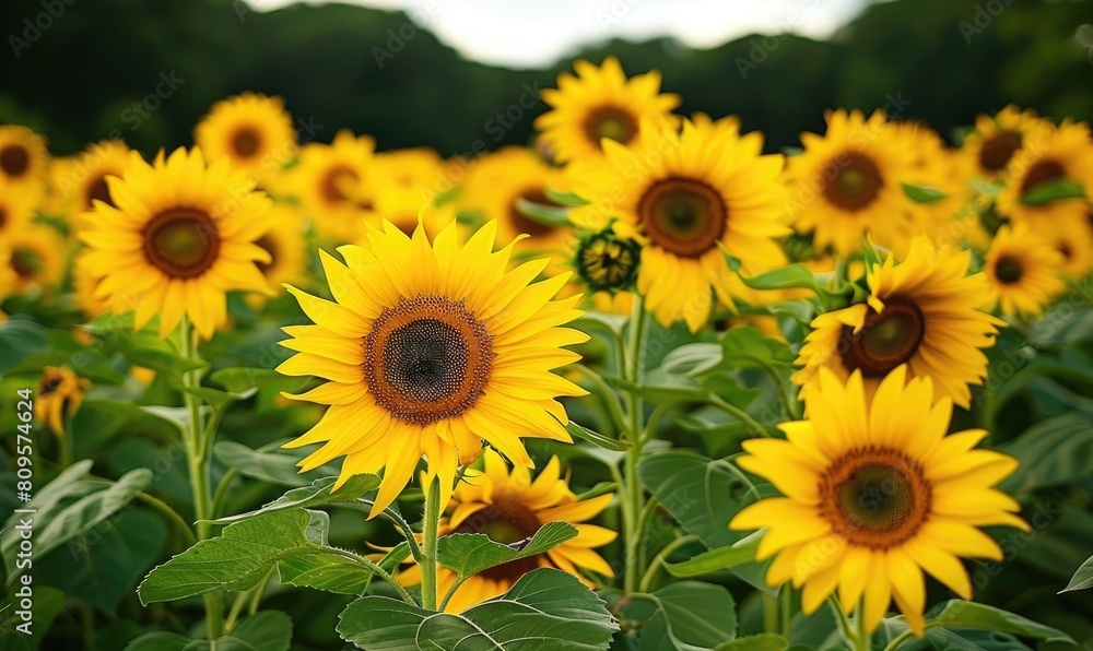 A stunning, golden hour image of a thriving sunflower field with a sunset backdrop. banner A stunning, golden hour image of a thriving sunflower field with a sunset backdrop. banner