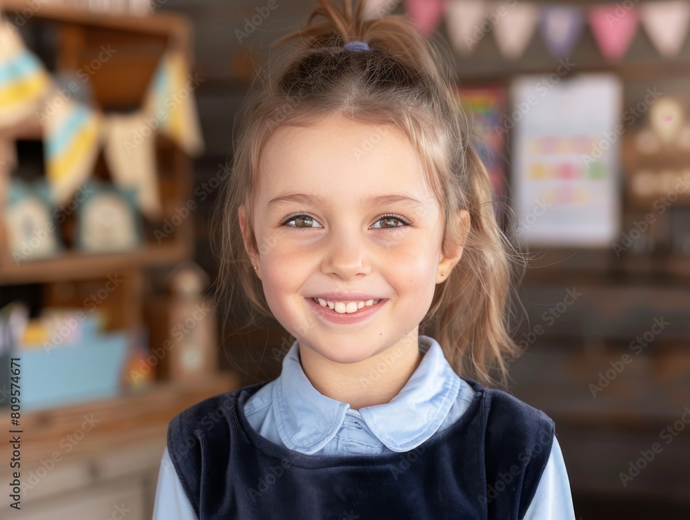 A girl with long hair is smiling in a room with a sign on the wall that says A girl with long hair is smiling in a room with a sign on the wall that says