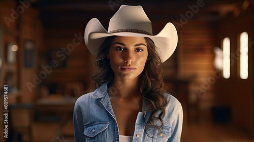 Young woman wearing a cowboy hat and shirt in a room with wooden walls in the interior of a rustic farm or ranch house. © photolas