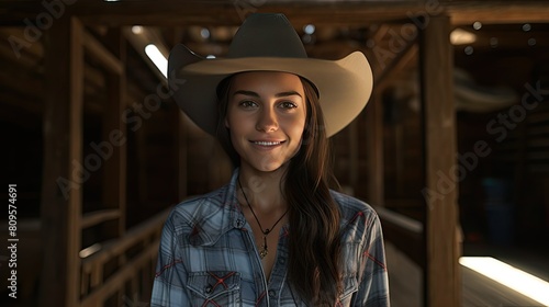 Young woman wearing a cowboy hat and shirt in a room with wooden walls in the interior of a rustic farm or ranch house.
