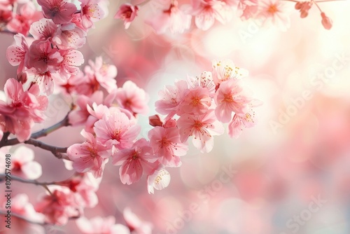 Horizontal banner with sakura flowers of pink color on sunny backdrop. Beautiful nature spring background with a branch of blooming sakura. Sakura blossoming season in Japan - generative ai