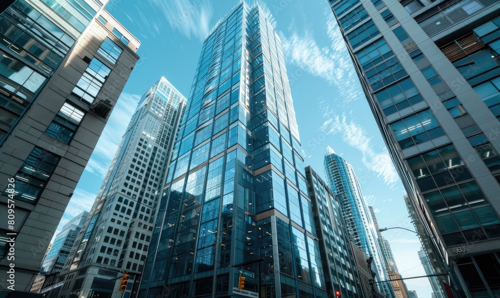 Obraz premium The sunset hues reflecting on the smooth glass surfaces of urban skyscrapers in a cityscape. banner