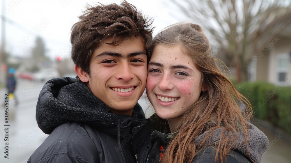 A young man and woman are smiling at the camera A young man and woman are smiling at the camera