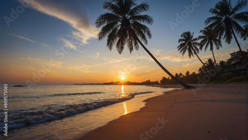 Idyllic Beach Sunset  Palm Tree Silhouettes Against a Tropical Sky