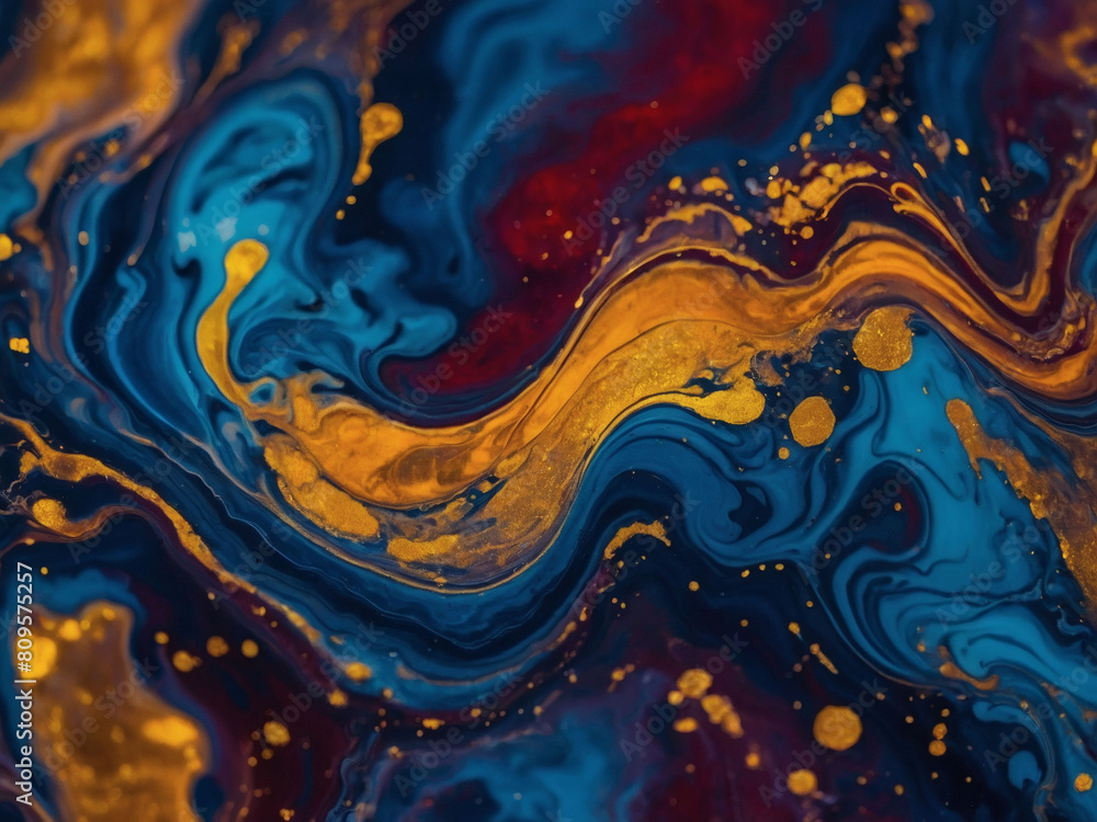 Indigo Infusion, Abstract Background Featuring Ink-Indigo, Gold, and Red Marbling