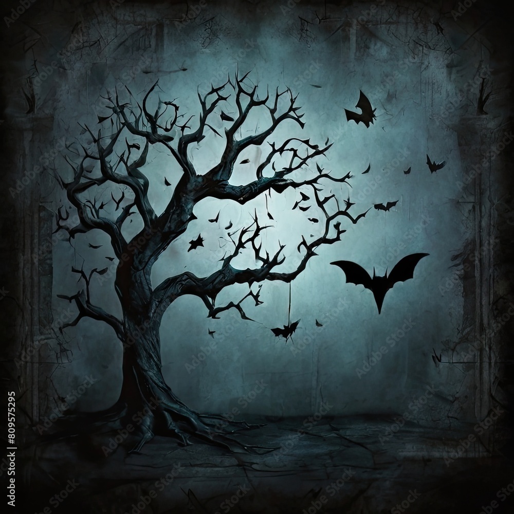 dark grunge background with spooky tree and bat