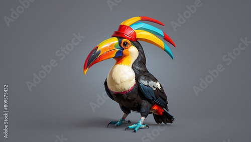 A brightly colored toucan is sitting on a gray background. The toucan has a long, pointed beak and a crest of feathers on its head. Its feathers are mostly black, with some yellow, blue, and green fea