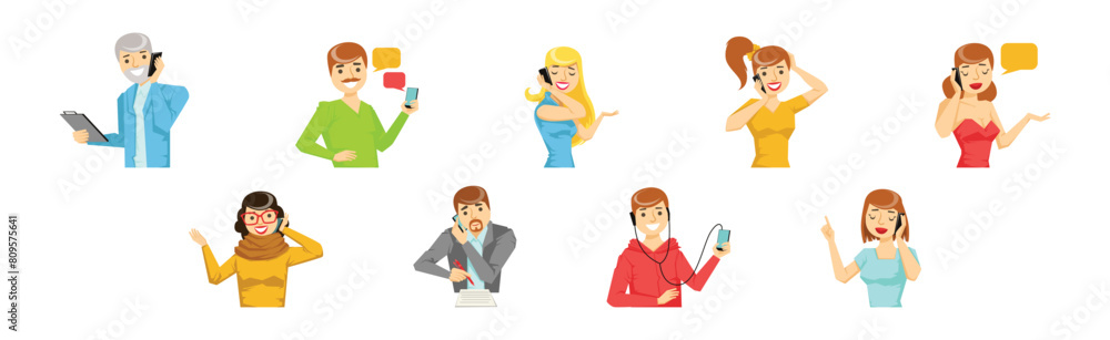 People Character Speaking Phone Having Call Vector Set People Character Speaking Phone Having Call Vector Set