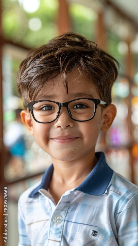 A young boy wearing glasses and a blue polo shirt is smiling