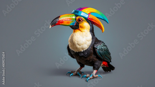 A brightly colored toucan is sitting on a gray background. The toucan has a long, pointed beak and a crest of feathers on its head. Its feathers are mostly black, with some yellow, blue, and green fea photo