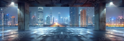 cityscape glows with lights amidst skyscrapers, viewed from the concrete interior of a modern structure. photo