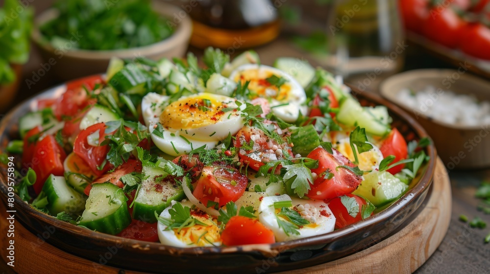 Traditional dishes of Armenian cuisine. Salad of vegetables with eggs.