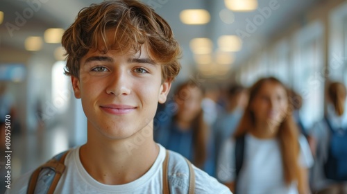 A young man with a backpack is smiling for the camera