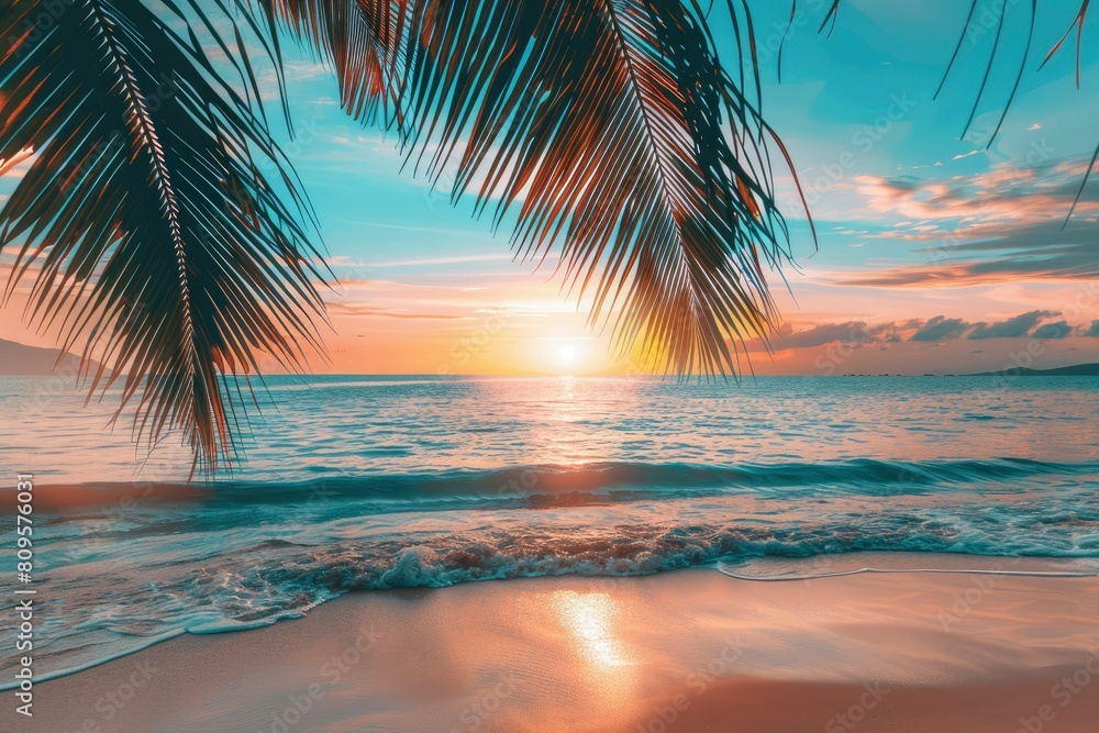 Perfect beach sunset. Beautiful tropical beach scene for background or wallpaper. Summer vacation holiday concept design and copy space with generative ai Perfect beach sunset. Beautiful tropical beach scene for background or wallpaper. Summer vacation holiday concept design and copy space with generative ai