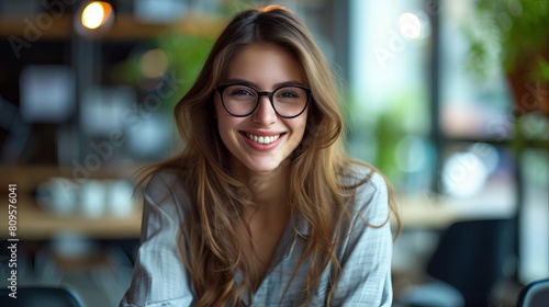 Smiling professional woman enjoying productive day in modern office space