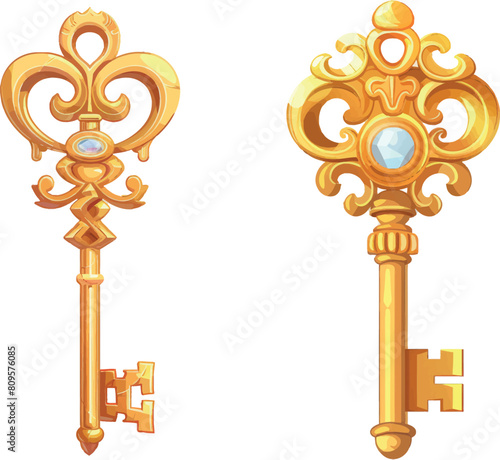 Golden fairytale key. Secret treasure cartoon