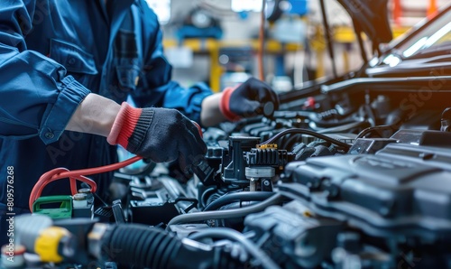 A mechanic wearing a blue uniform with gloves checks the battery of an electric vehicle, indicating automotive industry progression.