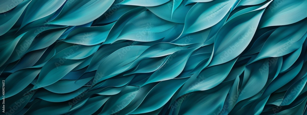 Obraz premium Abstract background with a wavy texture in teal and blue colors, forming geometric shapes of leaves or petals. 