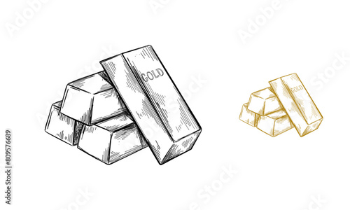 Sketch of gold bar ingots in engraving style. Black and white hand drawn vector illustration.