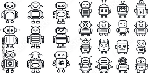 Cute line art robot icon set