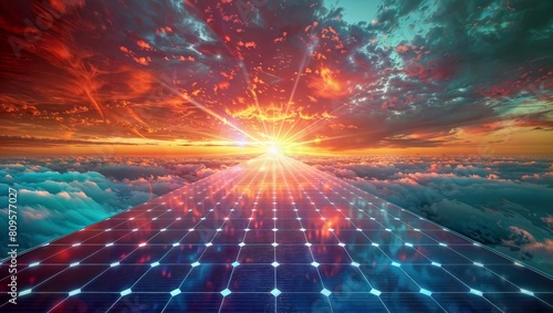 Futuristic and surreal concept art depicting a vast field of solar panels reflecting a fiery sunset over clouds, with rays of light forming a grid-like pattern in the sky.