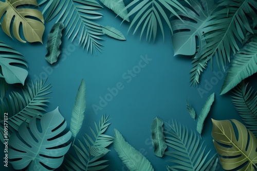 Earthy Green Blue Tropical Leaves Background