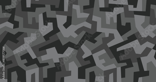 Geometric camouflage seamless pattern. Abstract modern urban camo, black and gray modern military texture background. Vector illustration