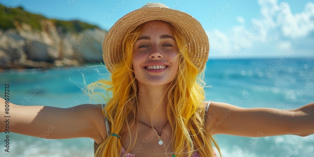 Happy woman with yellow hair enjoying freedom on the beach with open arms，Joyful Woman with Yellow Hair Embracing Freedom on the Beach: AI-Generated 4K HD Wallpaper