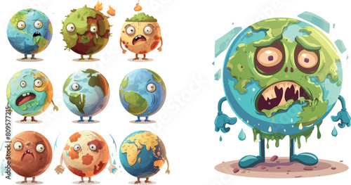 Pollution planet character. Cartoon planets mascots with ecology problems without forest breathing, plastic and air pollution make earth sick and cry