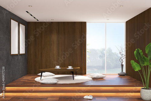 3d rendering illustration of dining space interior of japanese style. Empty room with table, plant and frame mock up. Wood parquet floor stage, wood panel and white ceiling. Set 6