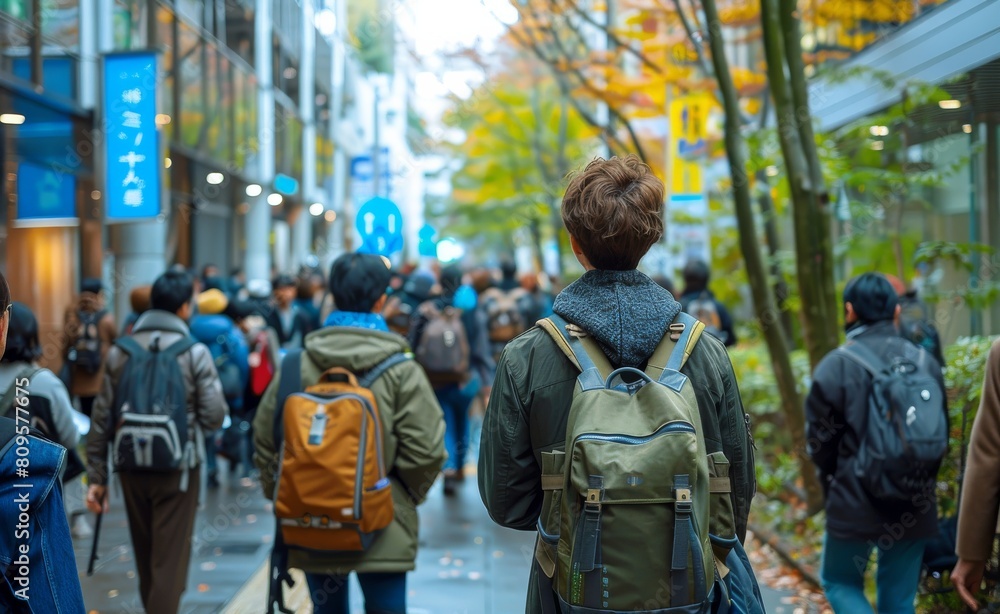 A group of people are walking down a street with backpacks and handbags A group of people are walking down a street with backpacks and handbags