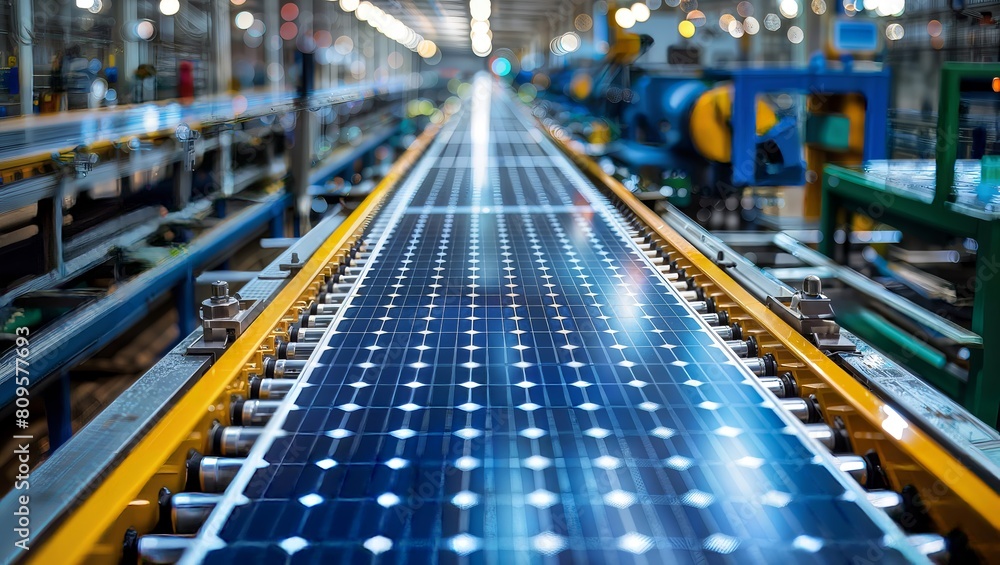 Striking photograph of a high-tech manufacturing line with rows of blue solar panels under production, illuminated by vibrant lights in an industrial facility.