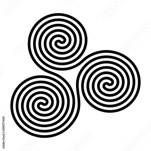Triskelion, Neolithic triple-spiral symbol. Also known as triskele, an ancient motif of a triple spiral volute, exhibiting rotational symmetry, Archimedean spirals of two arms, seamlessly conjoined.