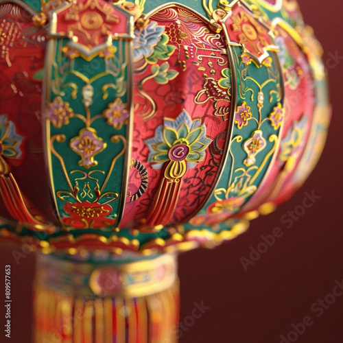 Lunar New Year lantern. The lantern rich in vibrant colors and ornate decorations, such as intricate patterns, tassels, and symbolic motifs. the festive atmosphere of Lunar New Year celebrations