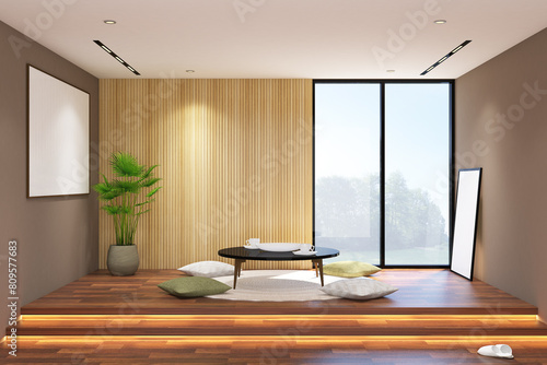 3d rendering illustration of dining space interior of japanese style. Empty room with table, plant and frame mock up. Wood parquet floor stage, wood fluted panel and white ceiling. Set 1 photo